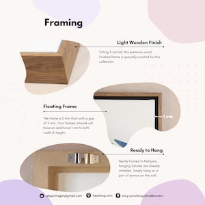 May include: A light wood framed artwork with a floating frame. The frame is 5 mm thick with a 5 mm gap. The artwork has an additional 1 cm added to both the width and height. The frame is ready to hang with hanging fixtures already installed. The frame is 5 cm tall.