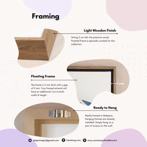 May include: Detailed image showcasing framing options for artwork. Features a light wooden finish frame, a floating frame with a 5 mm thickness, and a ready-to-hang setup with pre-installed hardware. Includes measurements in centimeters.