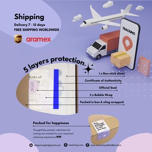 May include: Illustration of a package being shipped with 5 layers of protection, including a non-stick sheet, certificate of authenticity, official seal, bubble wrap, and a box. The text "5 layers protection" is written in a white font on a purple background. The text "Packed for happiness" is written in a black font on a white background. The text "This package is happy to see you too." is written in a black font on a white background.