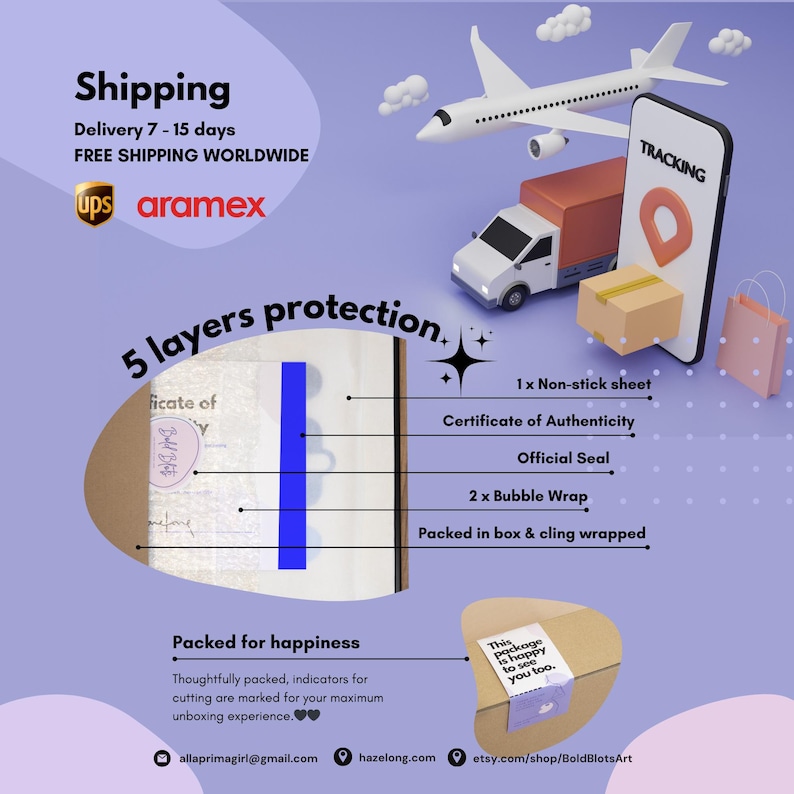May include: An illustration showing the shipping process, including a plane, truck, and phone with a tracking app. The image highlights the packaging process with 5 layers of protection, including a non-stick sheet and bubble wrap.