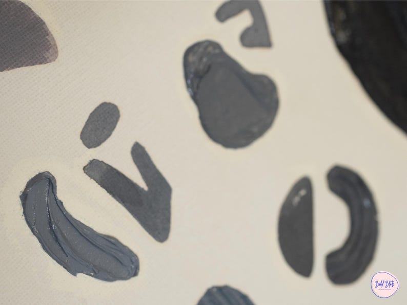 May include: Abstract art painting with gray shapes on a white background. The shapes are various sizes and include circles, semi-circles, and irregular shapes.
