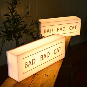 Pode incluir: Duas caixas de luz retangulares brancas com o texto "BAD BAD CAT" nelas. As caixas são iluminadas por dentro e estão colocadas sobre uma superfície de madeira.
