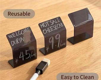 Acrylic Food Sign Set of 6, Smoky Dark Tinted Table Tent Signs with Chalk Marker, Reusable Bakery Price Tag Cafe Menu Holder Wedding Decor