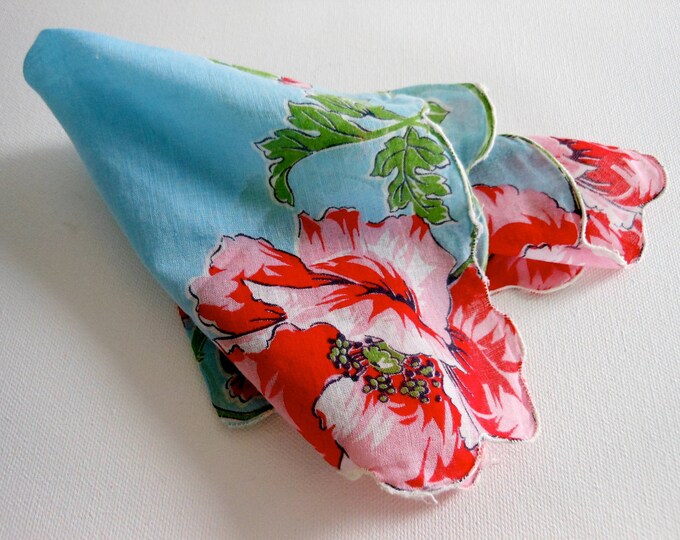 Light Blue Handkerchief With Red Flowers Etsy