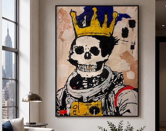 Crowned Skull Astronaut Painting | Neo Expressionist Acrylic Canvas Art (22x32 inch)