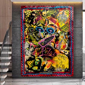 Original Pop Art Painting on Japanese Kraft Paper: Urban Graffiti Mixed Media