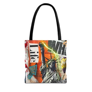 Pop Art Tote Bag: Freedom Statue, American Flag, Cityscape Design