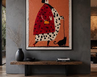 Abstract Expressionist Woman Black Cat Textured Acrylic Painting | Hand-Painted Canvas Artwork