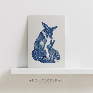 Linogravure renard, poster renard, lapin, poster d'art nature, décoration de chambre d'enfant, art animalier souriant, carte postale d'anniversaire, cadeau pour amoureux des animaux