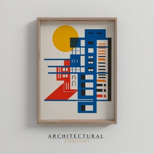 Abstract architecture poster, bauhaus Poster, Colorful Mid Century Modern wall Art, Maximalist Trendy Print Living Room, Digital Download