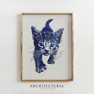 Impression linogravure chat, affiche chat, impression chat, art de la nature, illustration de chat mignon, décoration de chambre d'enfant, joie de chaton, carte postale d'anniversaire, cadeau pour amoureux des chats