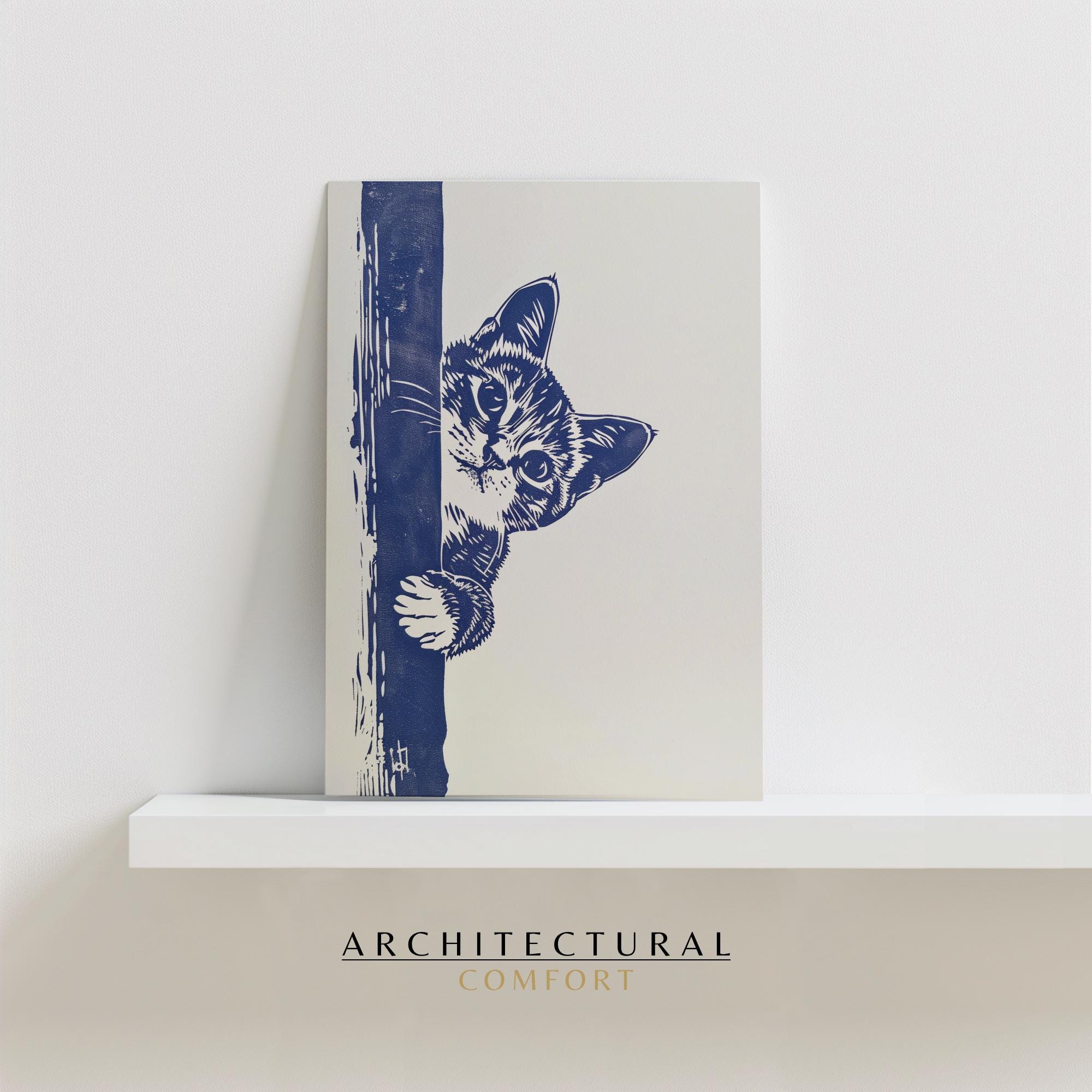 Linocut Cat Print, Cat Poster, Farm Cat, Blue Cat Art, Kids Room Decor ...