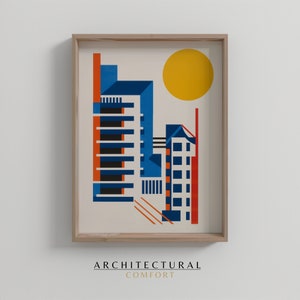 Abstract architecture poster, bauhaus Poster, Colorful Mid Century Modern wall Art, Maximalist Trendy Print Living Room, Digital Download