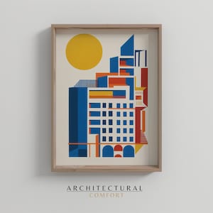 Abstract architecture poster, bauhaus Poster, Colorful Mid Century Modern wall Art, Maximalist Trendy Print Living Room, Digital Download