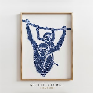 Impresión de mono araña en linóleo, póster de mono, arte de mono azul, decoración de habitación infantil, regalo para amantes de la naturaleza, ilustración alegre, póster imprimible.