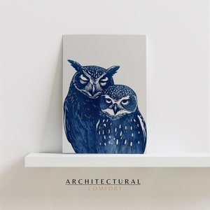 Gravure sur linogravure hibou, affiche hibou, impression hibou, affiche d'art nature, décoration de chambre d'enfant, art hiboux amoureux, carte postale d'anniversaire, cadeau pour amoureux des animaux