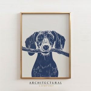 Impression linogravure de chien, affiche de chien heureux, art de la nature, illustration de chien bleu, décoration de chambre d'enfant, joie de Vienne, carte postale d'anniversaire, cadeau pour amoureux des chiens