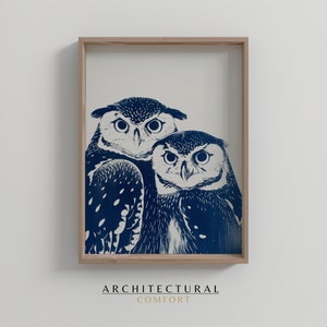 Gravure sur linogravure hibou, affiche hibou, impression hibou, affiche d'art nature, décoration de chambre d'enfant, art hiboux amoureux, carte postale d'anniversaire, cadeau pour amoureux des animaux