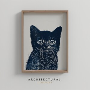Impresión de gato en linóleo, póster de gato, impresión de gato, arte natural, ilustración de gato azul, decoración de habitación infantil, alegría gatuna, postal de cumpleaños, regalo para amantes de los gatos