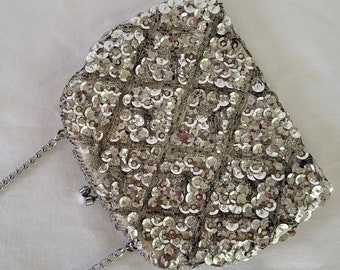 Vintage Bead & Sequin Evening Bag Silver Chain 1960s Hong Kong