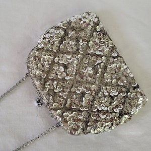 Vintage Bead & Sequin Evening Bag Silver Chain 1960s Hong Kong