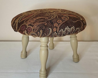 Vintage Round Paisley Foot Stool, 4 Painted Wood Legs, Tapestry Upholstery, 1970s