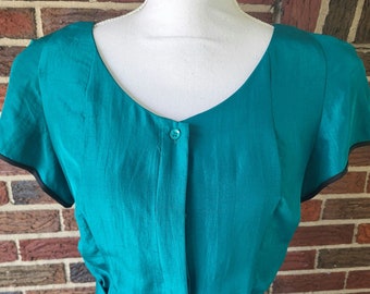 Vintage Argenti Belted Silk Sheath Dress with Pockets, Teal/Black, Size 8, 1980s