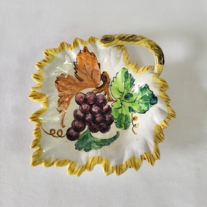 Vintage Italian Hand Painted Leaf Dish Ceramic Pottery Grapes MCM