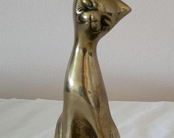 Vintage Atomic Solid Brass Cat Figurine/Paperweight, 6 Inch Tall, MCM