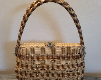 Vintage Beaded Woven Wicker Top Handle Bag, Turn Lock Closure, MCM