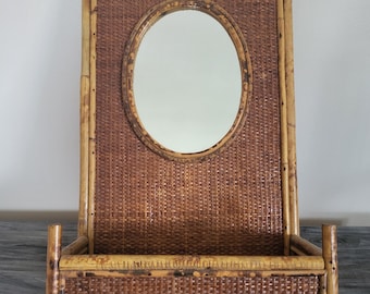 Vintage Bamboo Rattan Mirrored Wall Shelf / Planter Box, 2 Feet Tall, 1970s