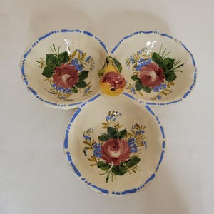 Plato para condimentos de cerámica italiana vintage Nove Rose de 3 piezas con asa en forma de pera, diseño floral pintado a mano, MCM