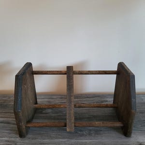 Vintage Minimalist Wood Tabletop Rack/Stand for Books & Media, Sliding Divider