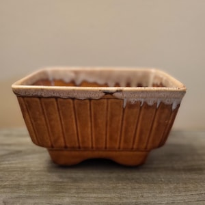 以下が含まれることがあります： 垂直なリブが付いた側面とクリーム色の縁が付いた、正方形の茶色のセラミックプランター。 プランターは4つの小さな足の上にあります。 内側は明るい茶色です。 プランターは空です。