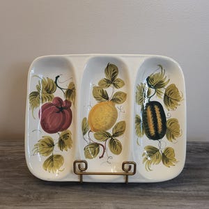 Plato/bandeja de cerámica italiana vintage, pintado a mano, dividido, 3 secciones, 14 x 11 pulgadas