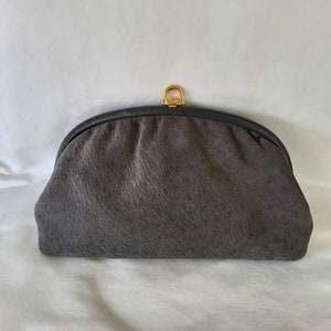 Vintage Italian Suede Ostrich Clutch Bag Gray Gold Clasp
