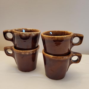 Vintage Hull Pottery Ceramic Brown Drip Mugs, Set of 4, 1970s USA