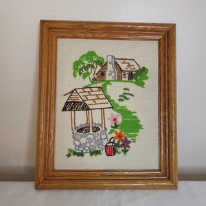 Vintage Crewel Yarn Embroidery Framed 10x12 Wall Art, Cottage & Wishing Well, 1970s