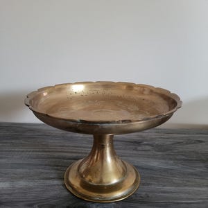 Vintage Etched Brass Pedestal Bowl/Footed Tray, 8 Inch Diameter, MCM