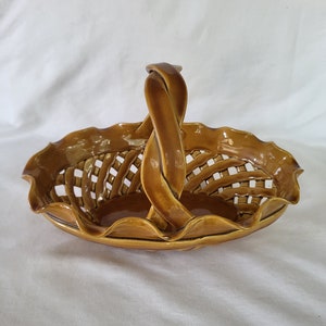 Vintage Ceramic Woven Basket Dish with Handle, Brown, Made in Portugal