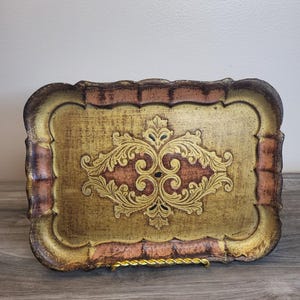 Vintage Florentine Ornate Gilded Gold Wooden Tray 7x10, Italy MCM