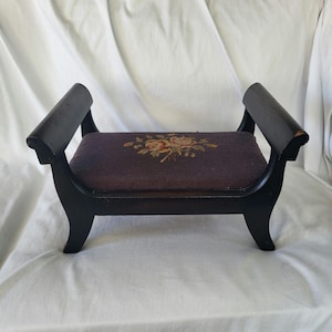 Vintage French Country Painted Wood Dual Handle Ottoman/Foot Stool, Needlepoint Upholstery