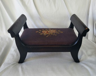 Vintage French Country Painted Wood Dual Handle Ottoman/Foot Stool, Needlepoint Upholstery