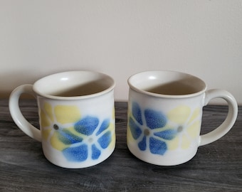 Pair Vintage Floral Stoneware Mugs, Japan 1970s