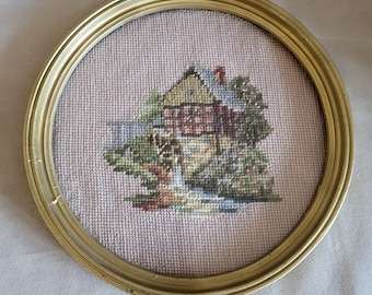 Vintage Mill Cottage Needlepoint Embroidery Wall Art, Round Gold Frame