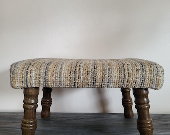 Vintage Upholstered Rectangular Foot Stool, Wood Spindle Legs, 1970s