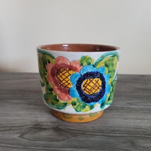 Puede incluir: Una maceta de cerámica con base blanca, adornada con diseños florales pintados a mano en rojo, azul y amarillo. El borde y la base tienen un ribete marrón y naranja. Adecuada para plantas pequeñas, añade un toque de color.