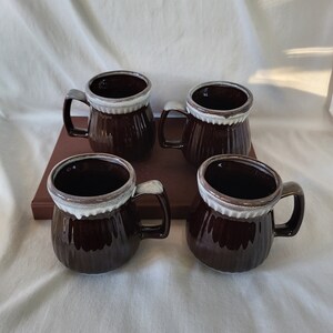 Set of 4 Vintage Stoneware Mugs, Mirror Brown Drip Glaze Finish