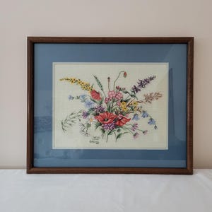 Vintage Large Floral Cross Stitch Wall Art, Matted & Framed, 1980s