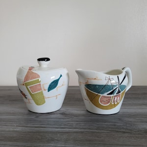 Vintage Japanese Hand Painted Creamer & Sugar Bowl Set, Atomic MCM